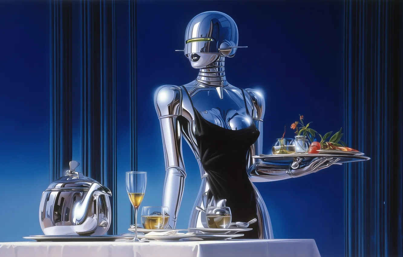 Photo wallpaper robot, blue, science fiction, women, chrome, illustration, waitress