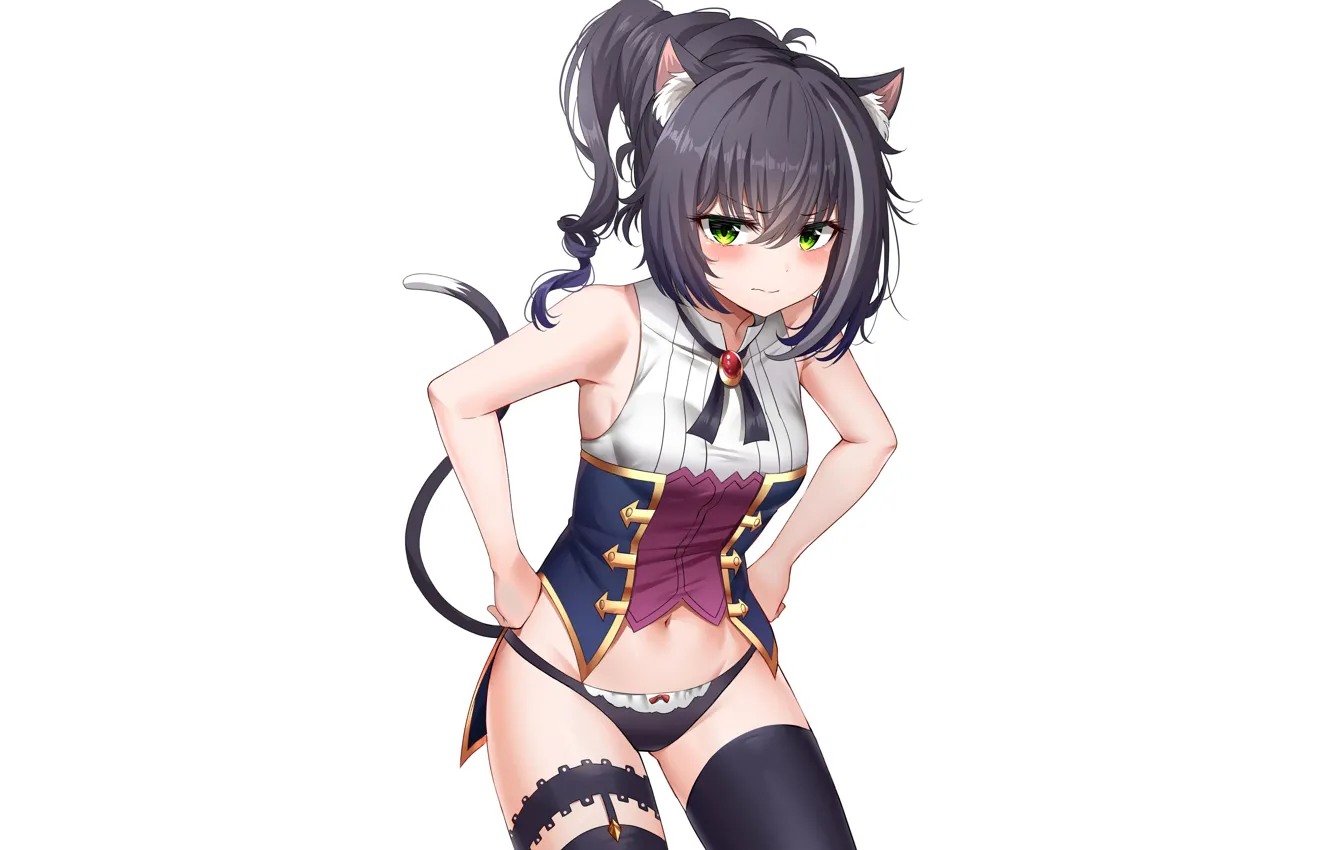 Photo wallpaper girl, sexy, lingerie, blouse, panties, thighhighs, green eyes, long hair