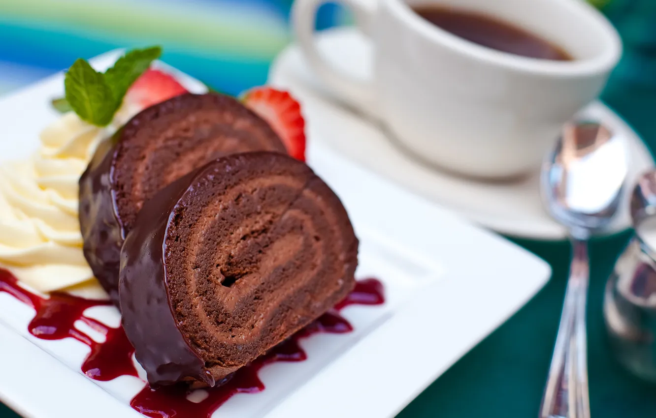 Photo wallpaper coffee, food, chocolate, strawberry, Cup, cream, dessert, food