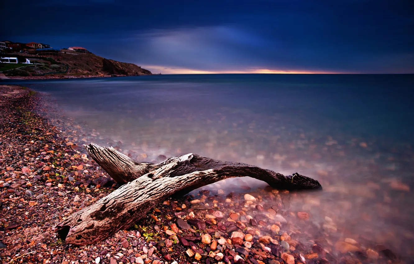 Photo wallpaper sea, beach, the sky, sunset, snag, stones