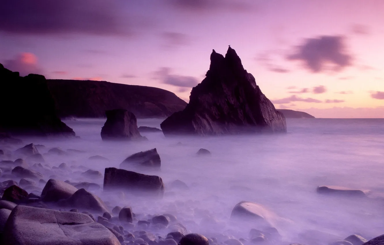 Photo wallpaper sea, purple, the sky, water, clouds, nature, fog, stones