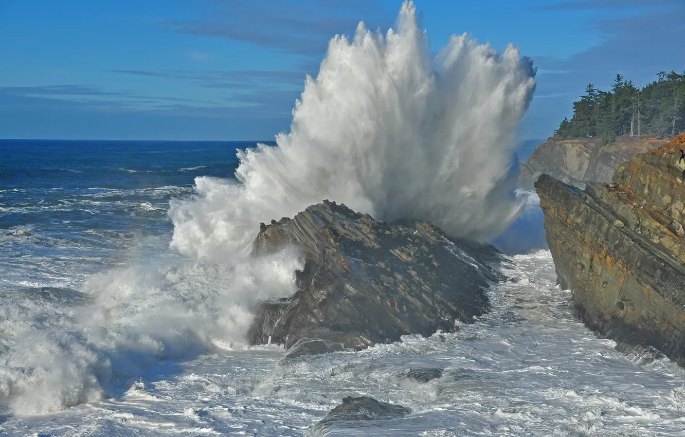 Photo wallpaper sea, the sky, squirt, storm, stones, rocks
