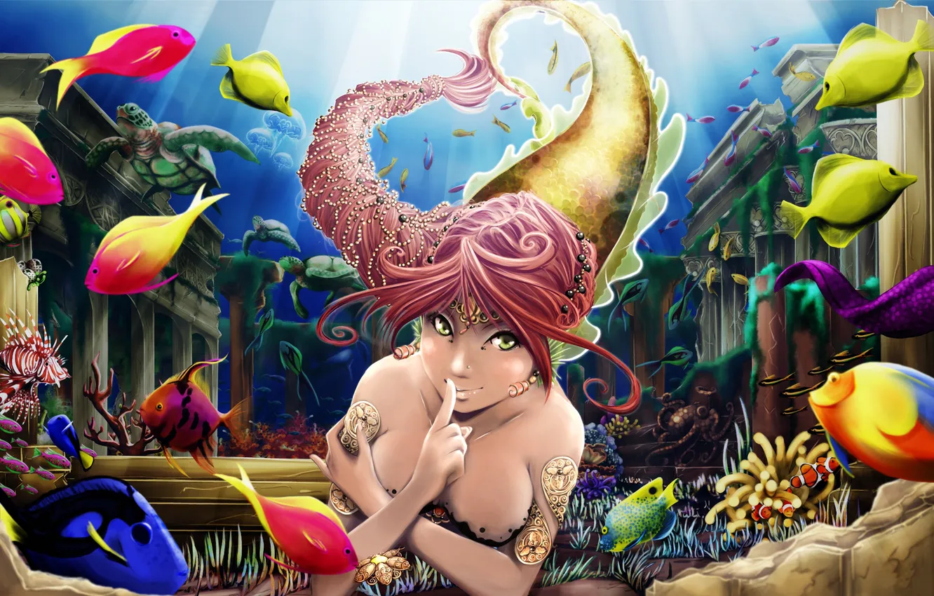 Photo wallpaper decoration, mermaid, fish, the ruins, underwater world