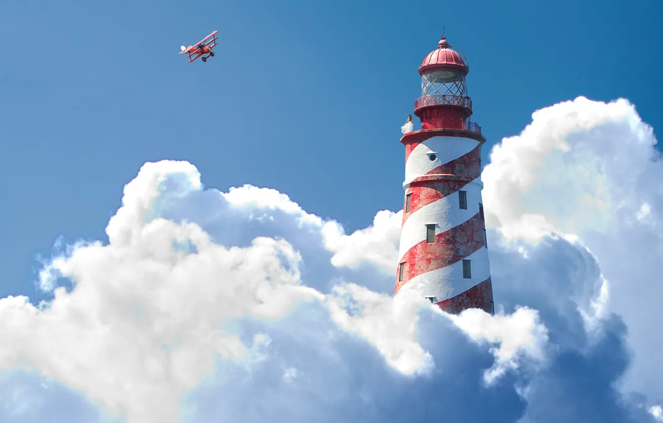 Photo wallpaper the sky, clouds, the plane, lighthouse