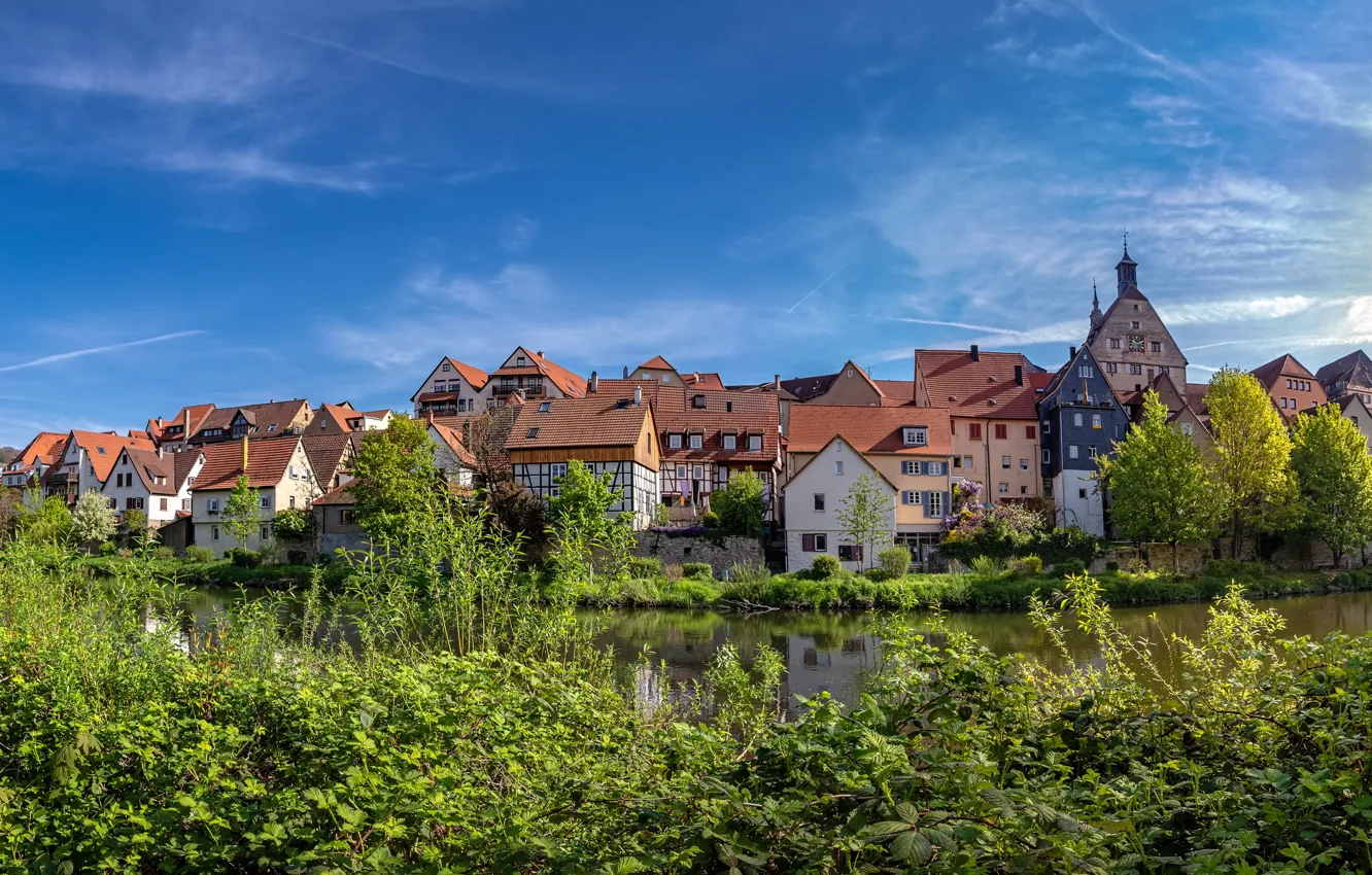Photo wallpaper river, building, home, Germany, the bushes, Germany, Baden-Württemberg, Baden-Württemberg
