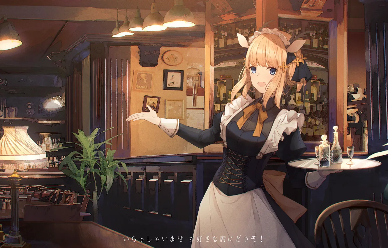 Photo wallpaper restaurant, the waitress, dress, blue eyes, blonde, maid, restaurant