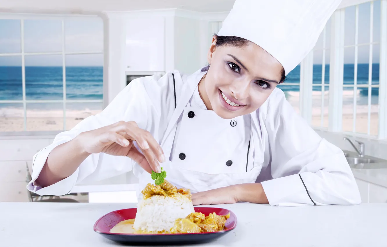 Photo wallpaper sea, beach, look, girl, smile, background, food, brunette