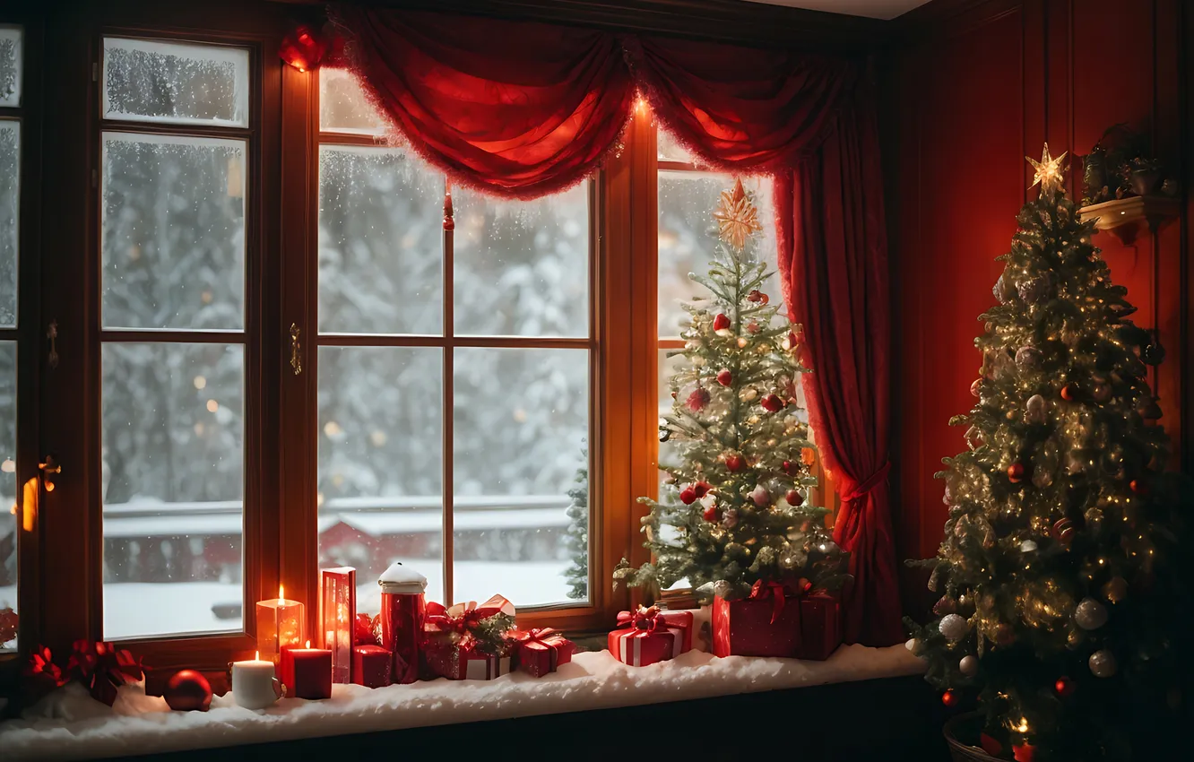 Photo wallpaper tree, interior, window, Christmas, New year, sill, Christmas, view