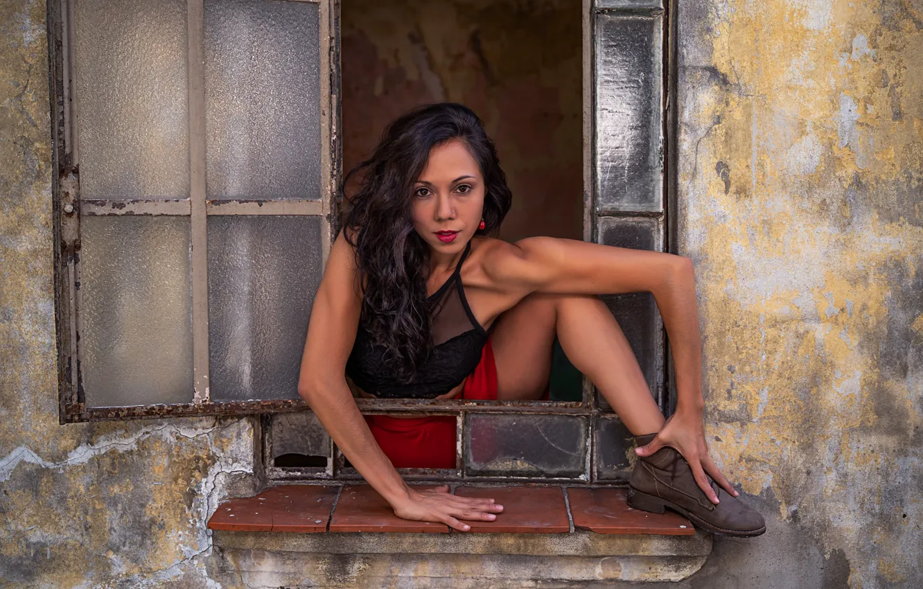 Photo wallpaper look, girl, pose, feet, hands, shoes, brunette, window