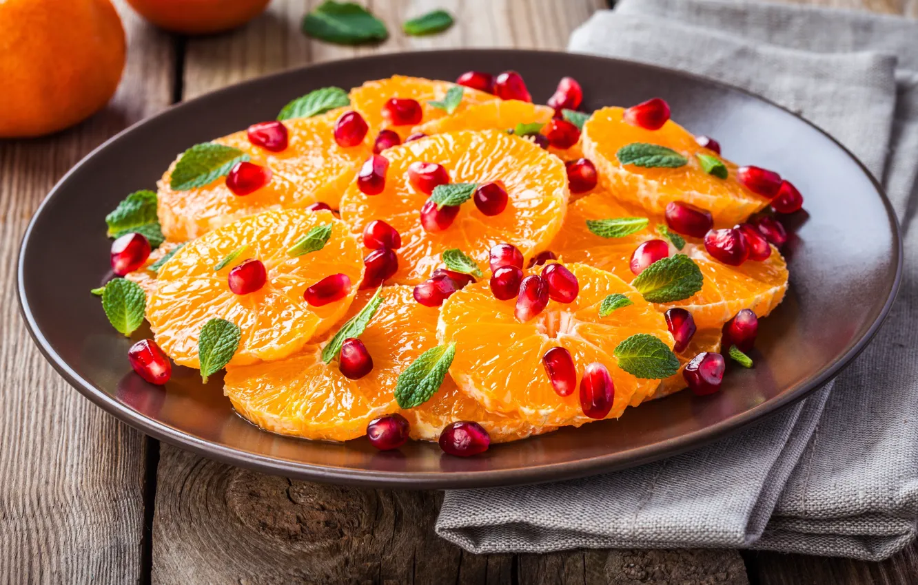 Photo wallpaper orange, plate, fruit, mint, pomegranate seeds