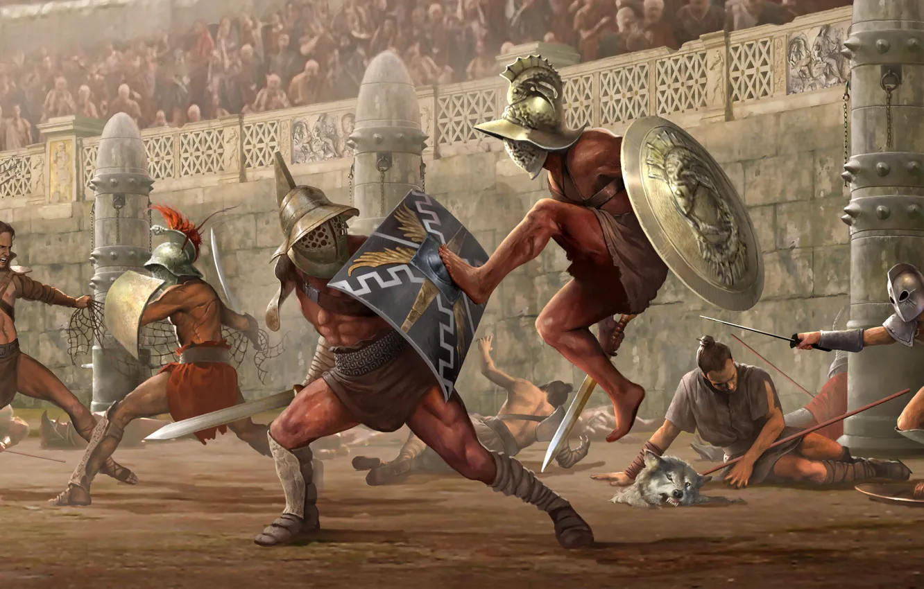 Photo wallpaper Armor, Weapons, Arena, The Roman Empire, The murmillo, The Thracian, Politics, Gladiators