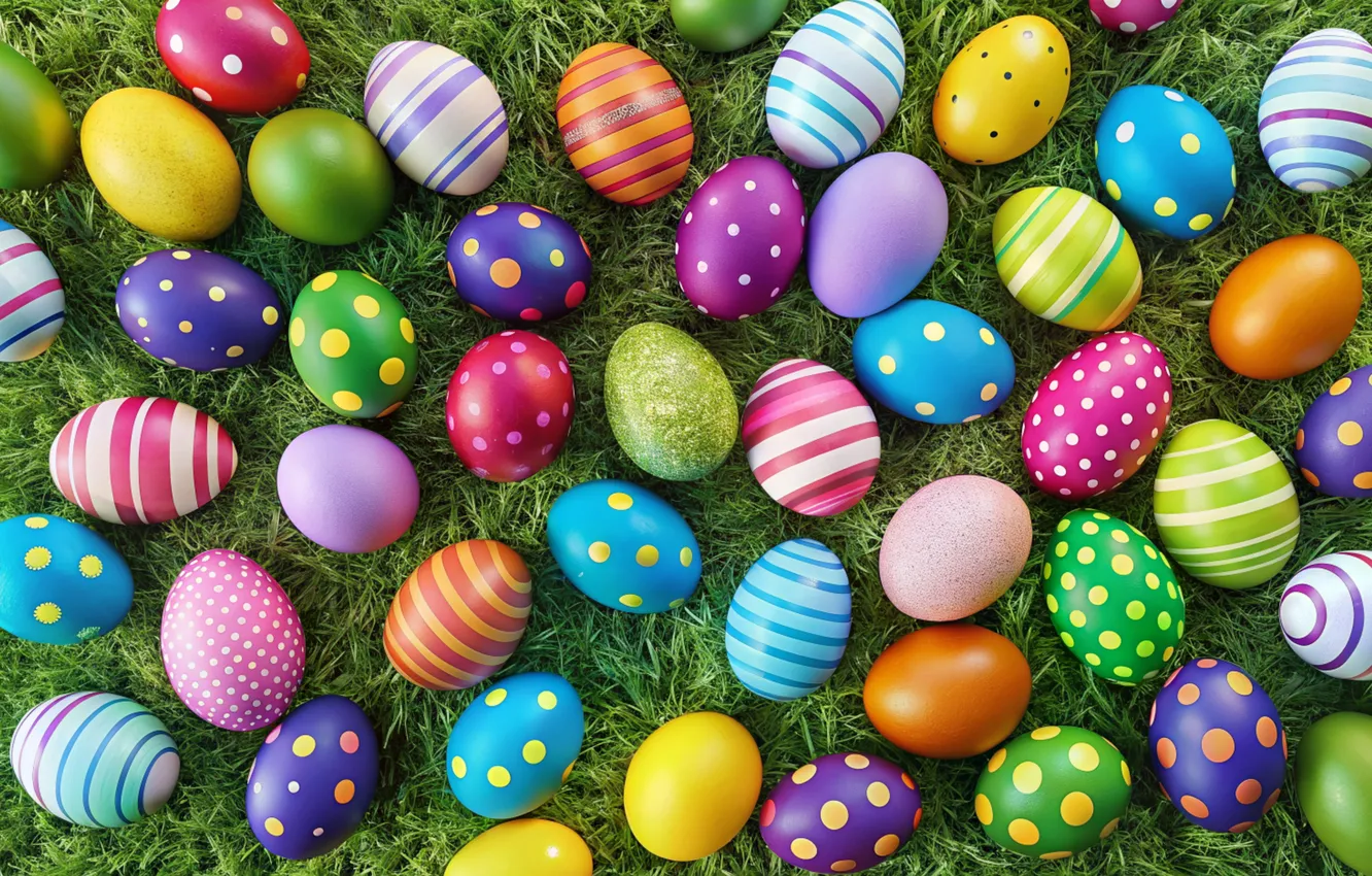 Photo wallpaper grass, eggs, spring, colorful, Easter, spring, Easter, eggs