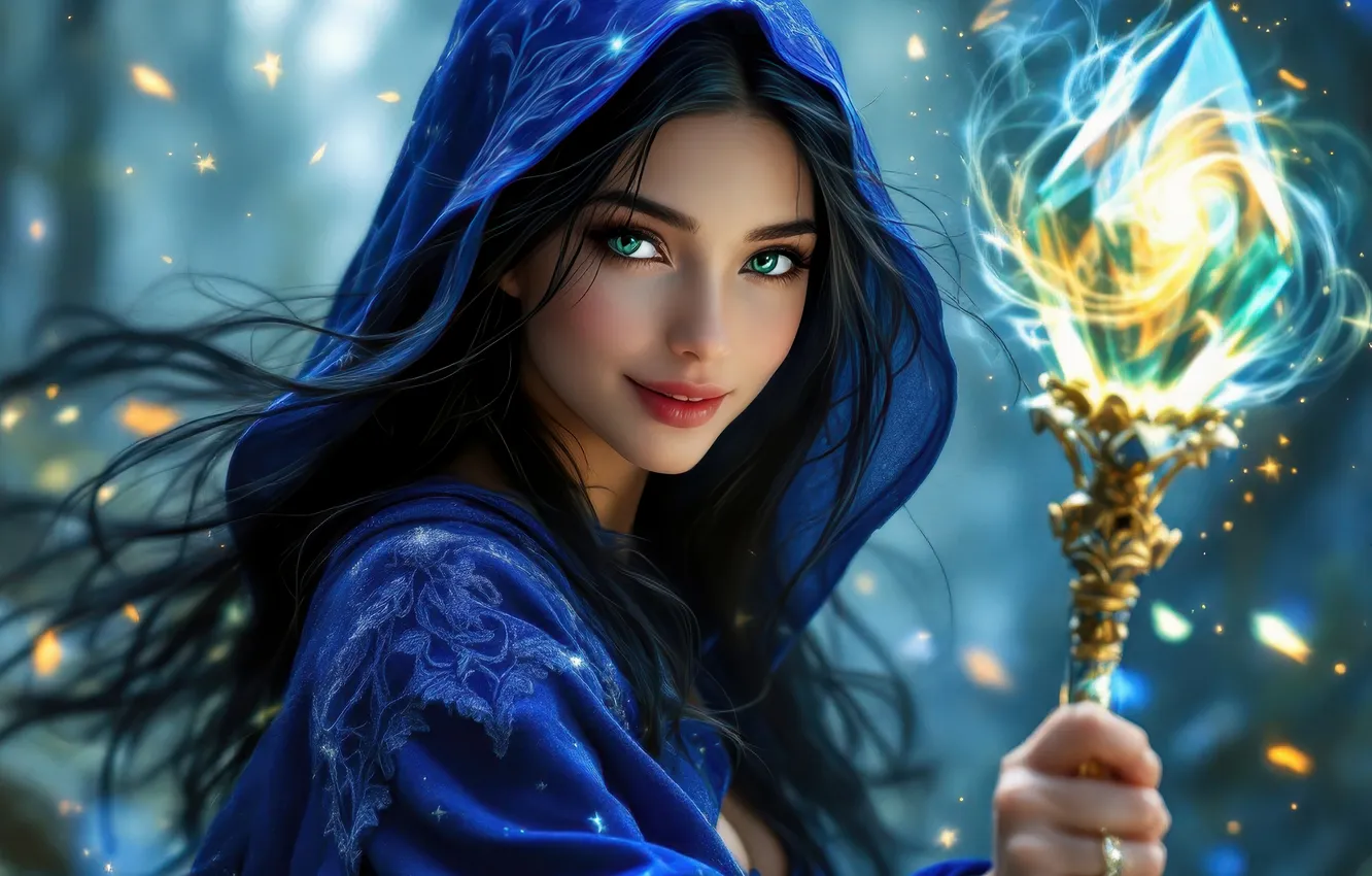 Photo wallpaper look, girl, smile, lights, magic, portrait, brunette, fantasy