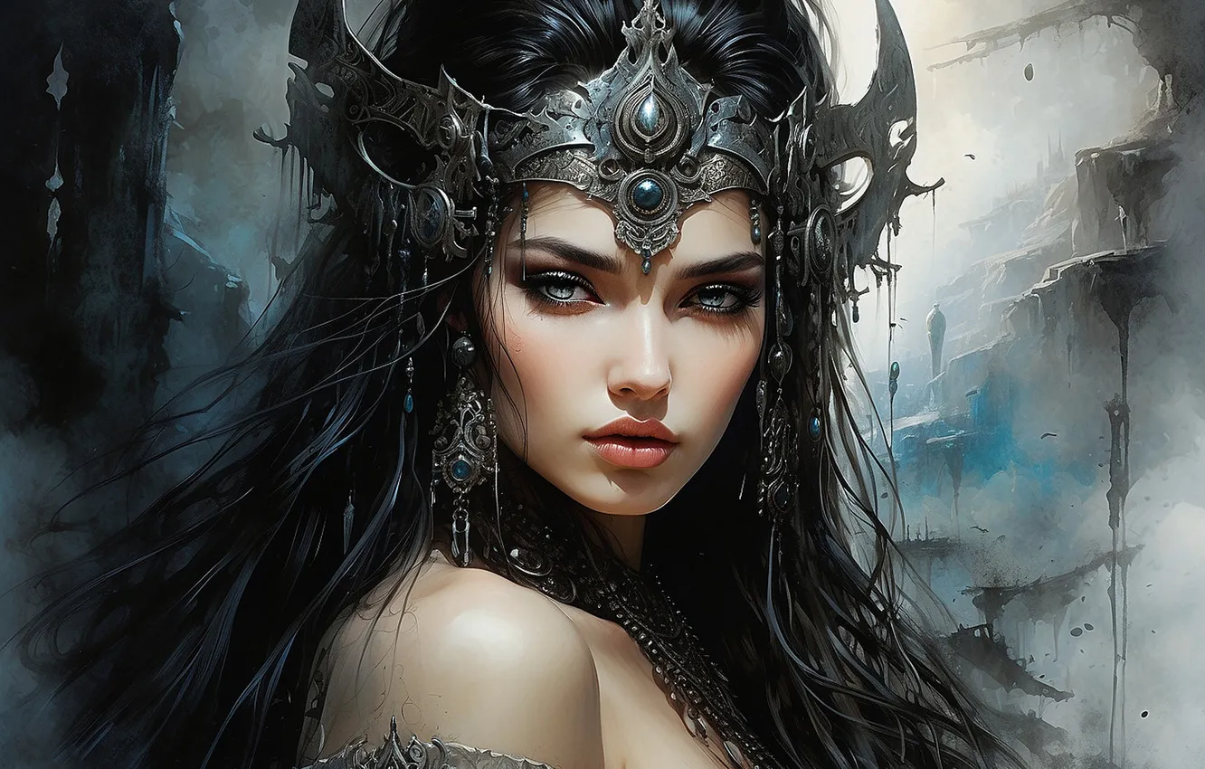 Photo wallpaper look, girl, decoration, face, portrait, earrings, crown, brunette