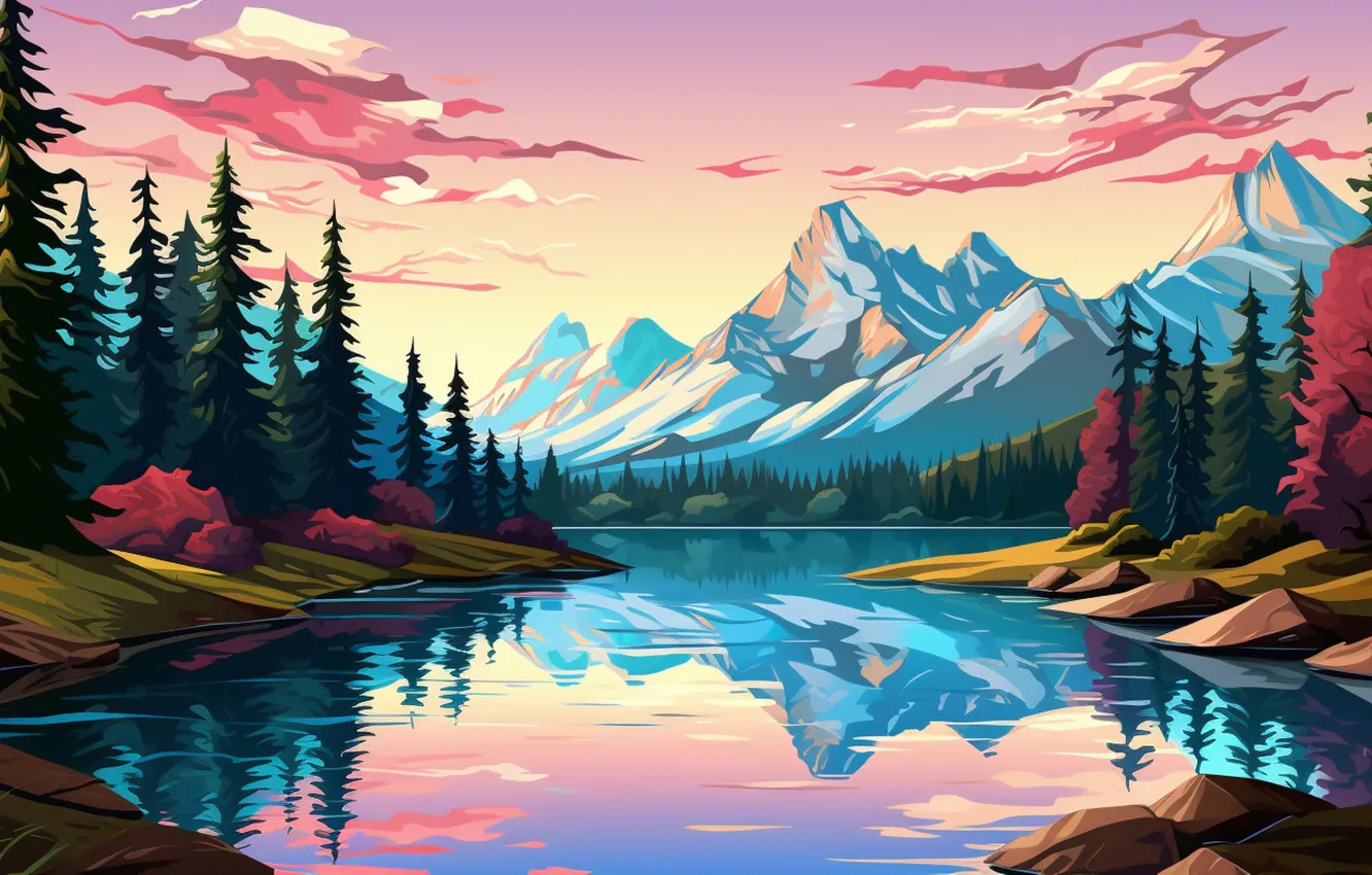 Photo wallpaper forest, the sky, clouds, landscape, mountains, reflection, shore, graphics