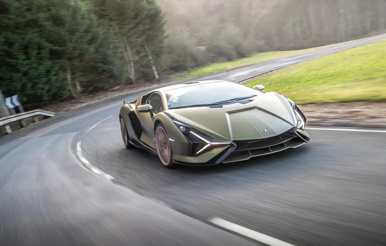 Photo wallpaper road, speed, Lamborghini, supercar, front view, in motion, handsome, Lamborghini