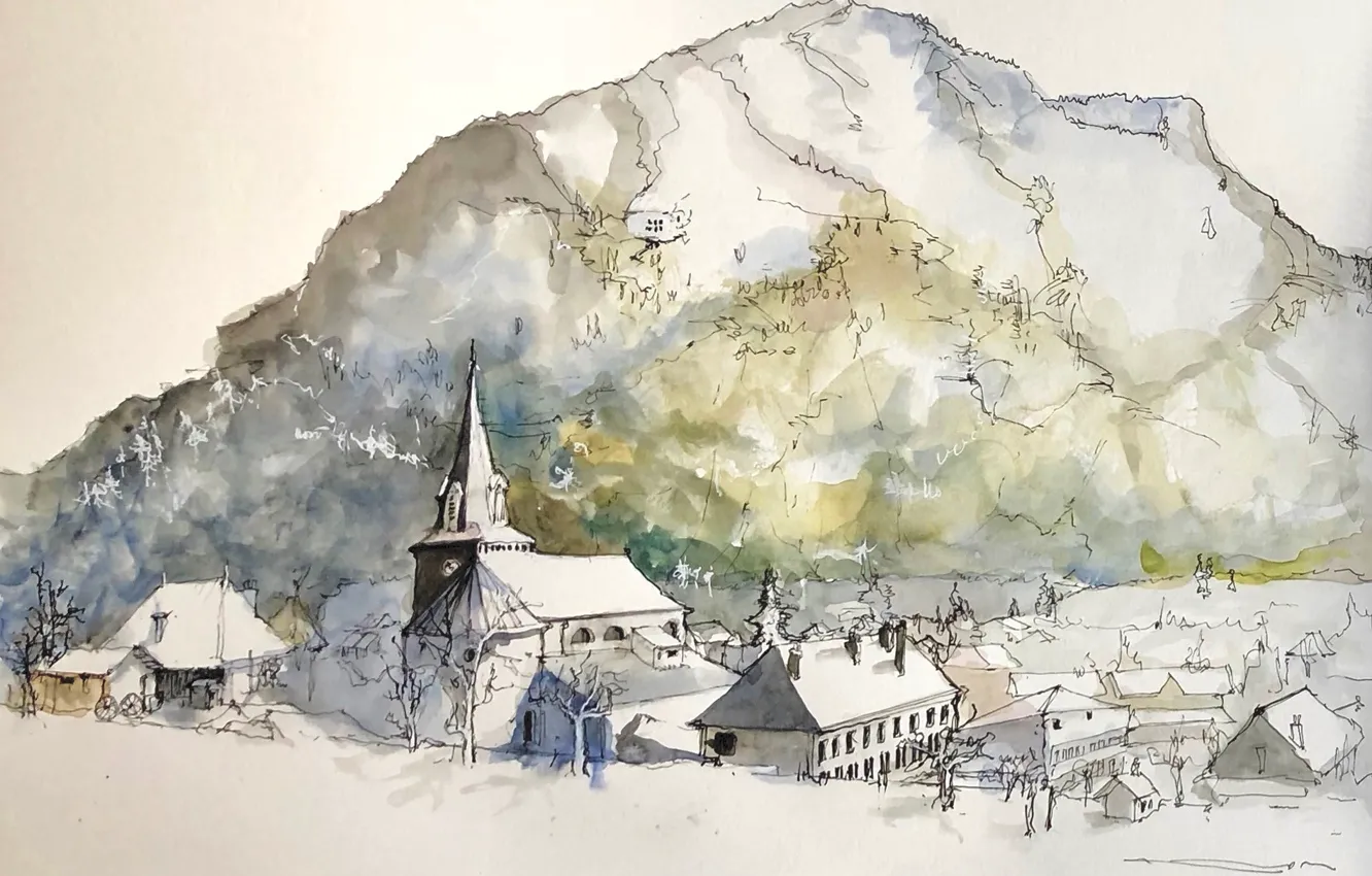 Photo wallpaper landscape, the city, figure, France, watercolor, Le Bourg-d'oisans