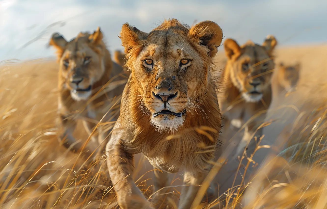 Photo wallpaper grass, look, lioness, front, three, predator, big cats, digital art