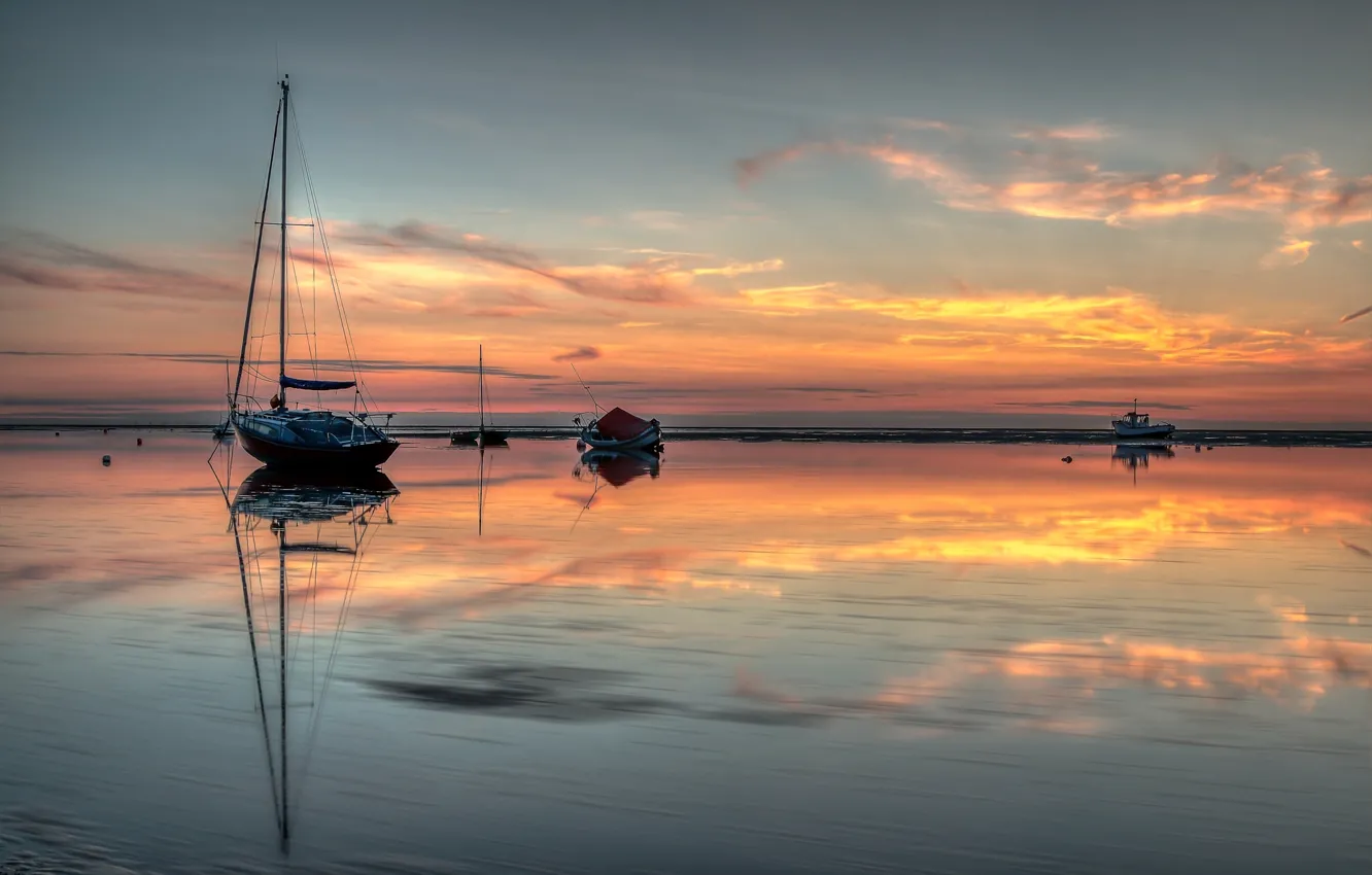 Photo wallpaper sea, the sky, clouds, sunset, boat, the evening, tide