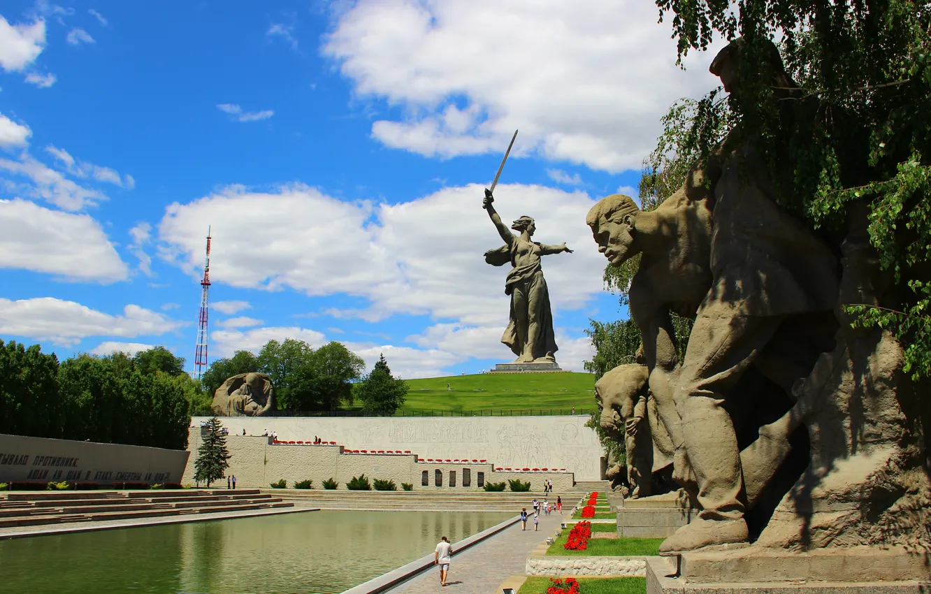 Photo wallpaper clouds, memory, sculpture, Volgograd, Mamaev Kurgan, Volgograd, The Motherland calls, Mamayev Kurgan