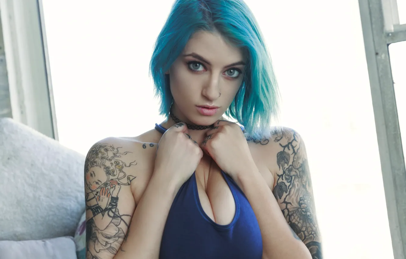 Photo wallpaper girl, model, blue hair, Pulp, tatoo, suicide girls, Pillow Talk