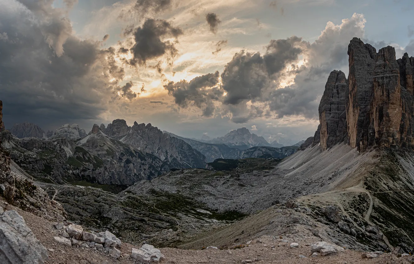Photo wallpaper clouds, mountains, stones, rocks, The Dolomites