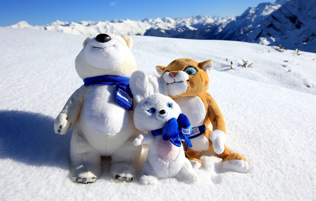 Photo wallpaper snow, mountains, Sochi 2014, Olympic mascots