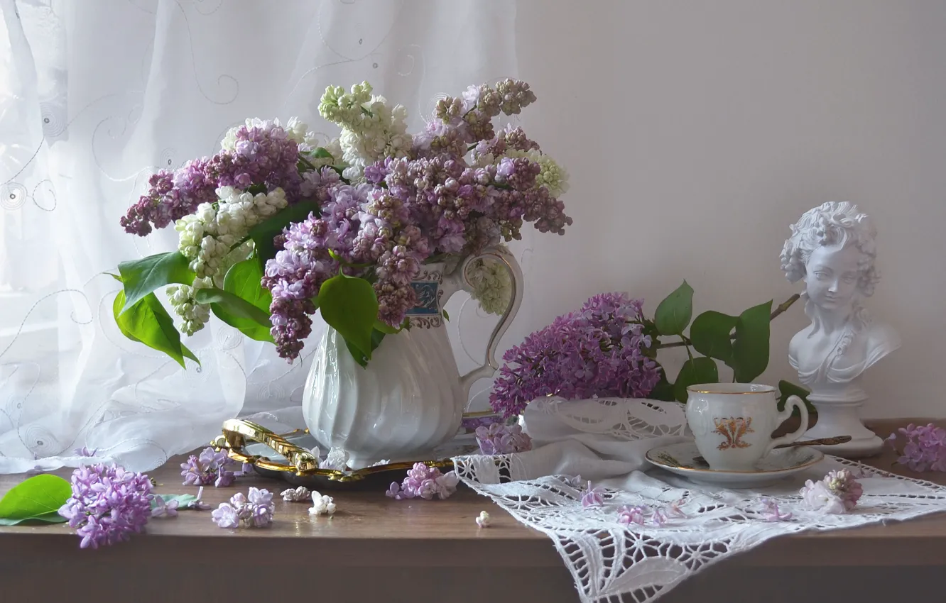Photo wallpaper girl, branches, Cup, sculpture, pitcher, still life, lilac, bust