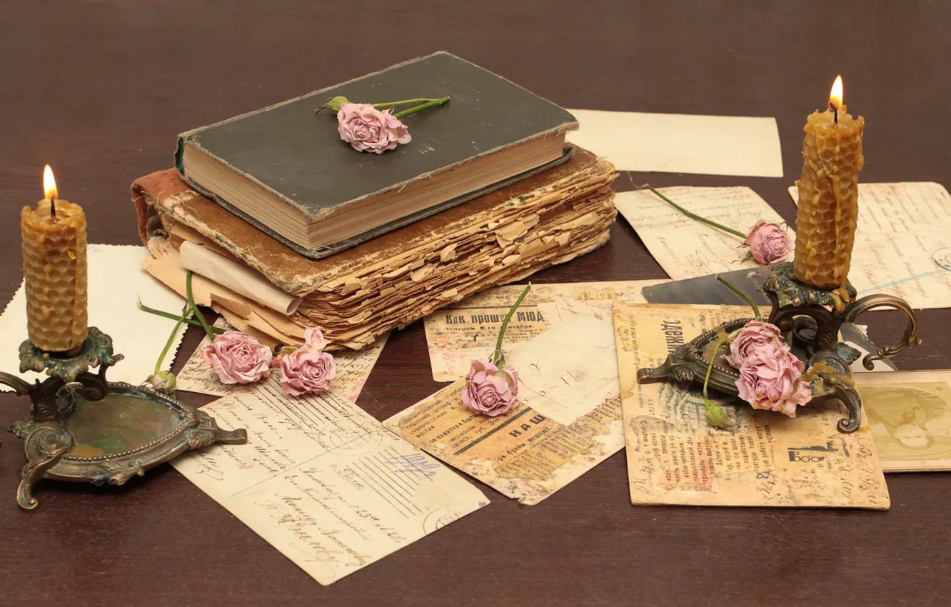 Photo wallpaper letter, flowers, paper, table, roses, candles, book, old
