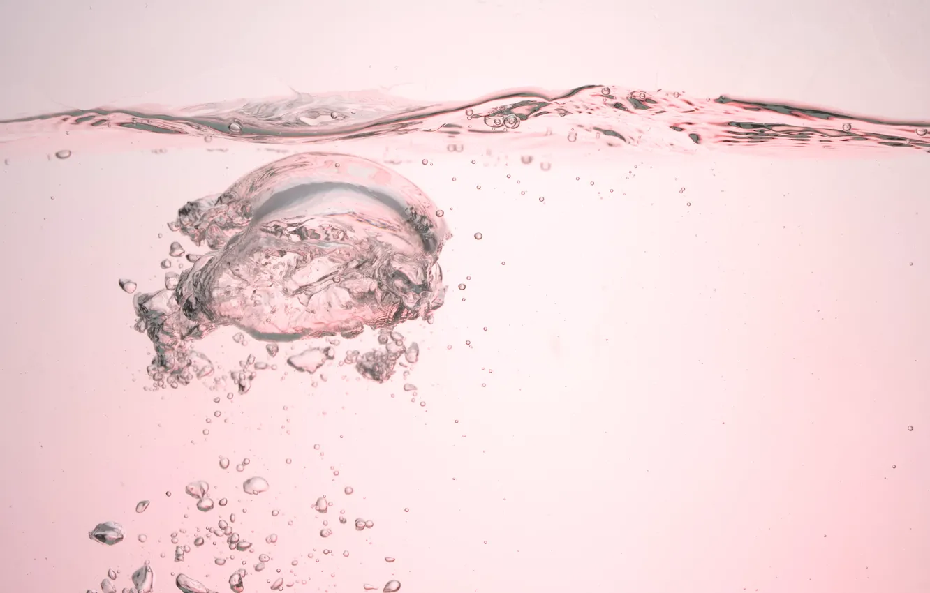 Photo wallpaper water, macro, surface, bubbles, background, pink, liquid, transparent