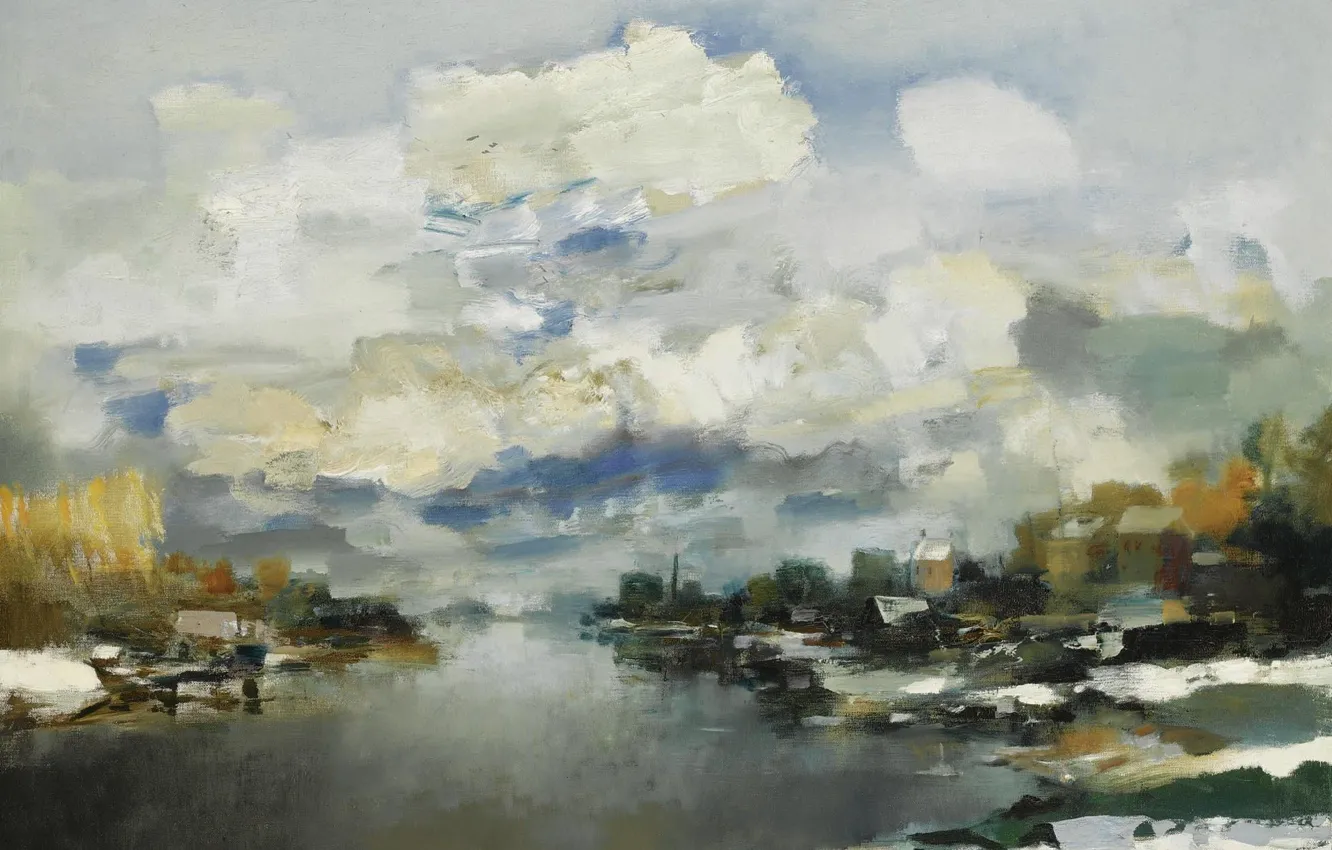 Photo wallpaper clouds, river, picture, Winter landscape, Albert Saverys