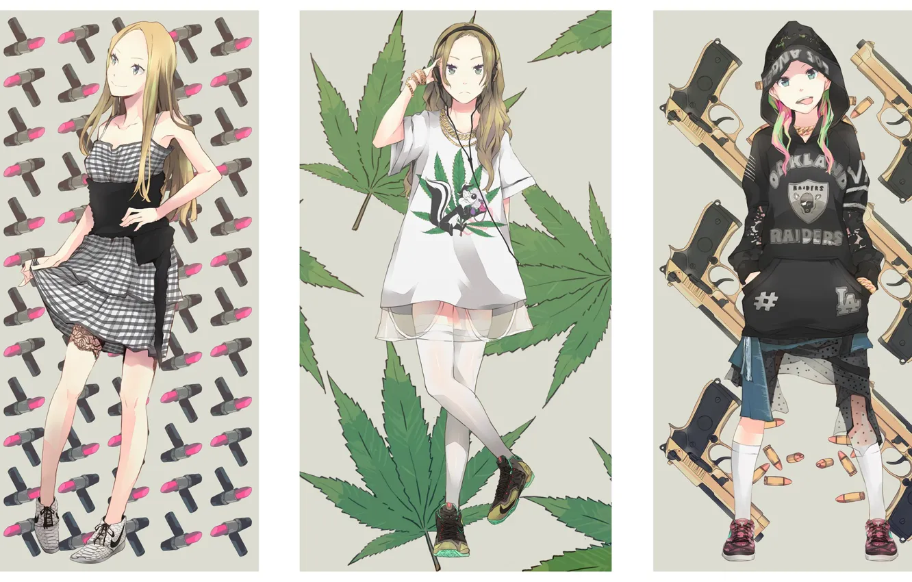 Photo wallpaper girl, gun, headphones, hemp, anime, art
