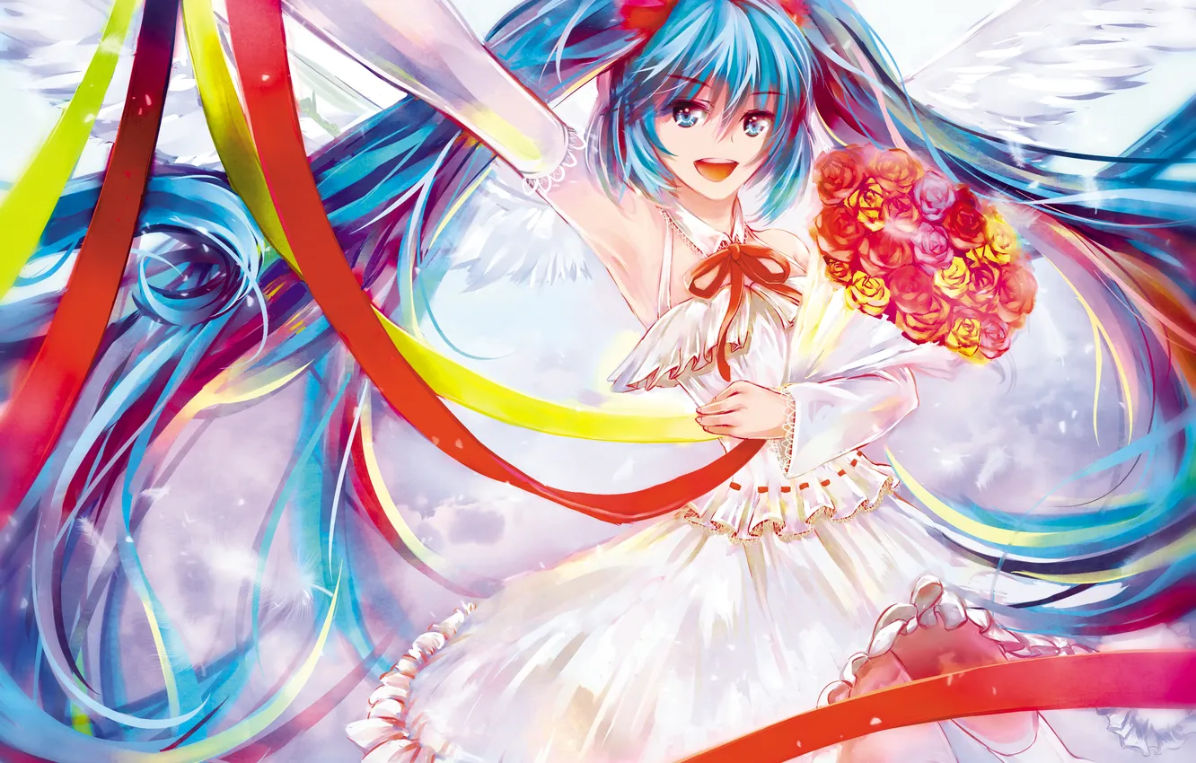 Photo wallpaper girl, joy, dance, bouquet, vocaloid, hatsune miku, Vocaloid, art