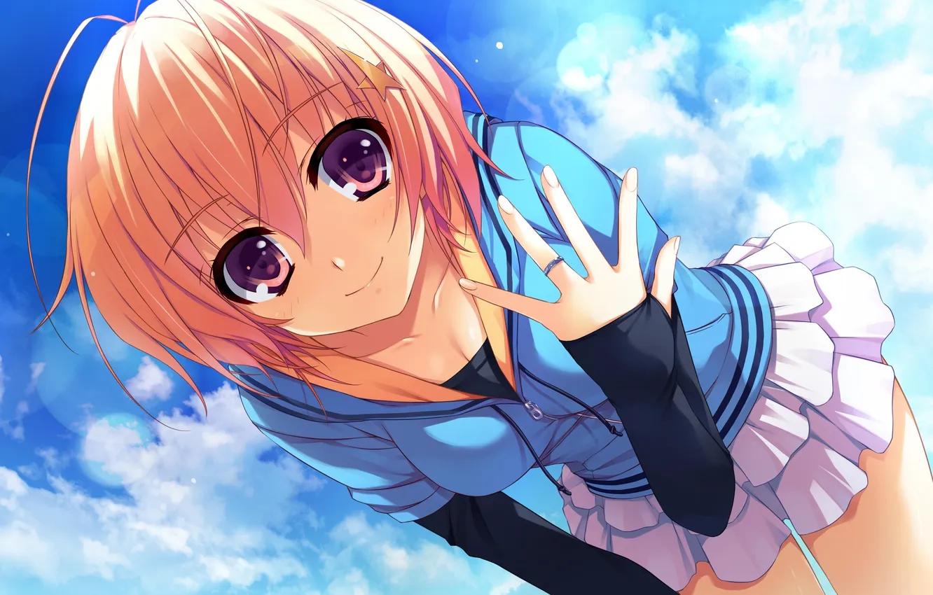 Photo wallpaper the sky, look, girl, the sun, smile, gesture, art, tomose shunsaku