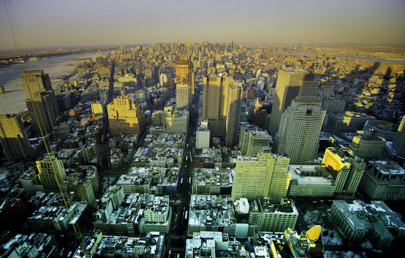 Photo wallpaper snow, landscape, street, home, New York, panorama, USA, quarter