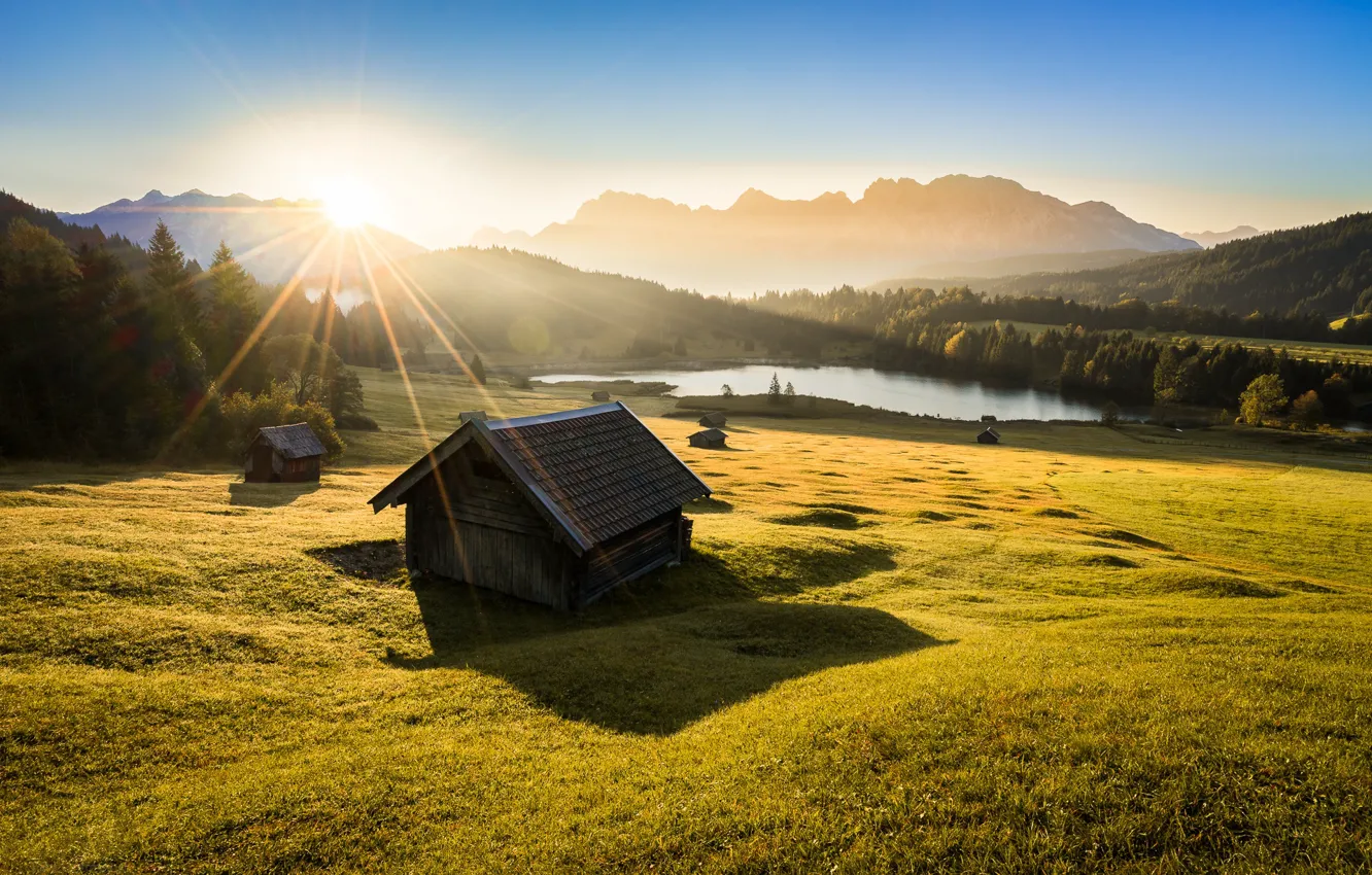 Photo wallpaper the sun, mountains, lake, dawn, morning, Germany, Bayern, Bavaria