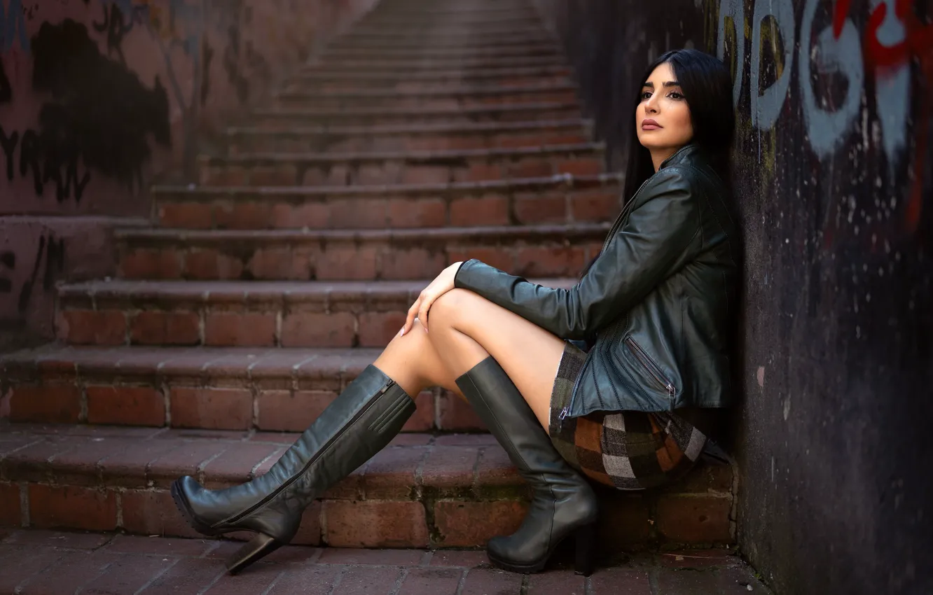 Photo wallpaper boots, brunette, jacket, steps, legs, sitting, Nadia
