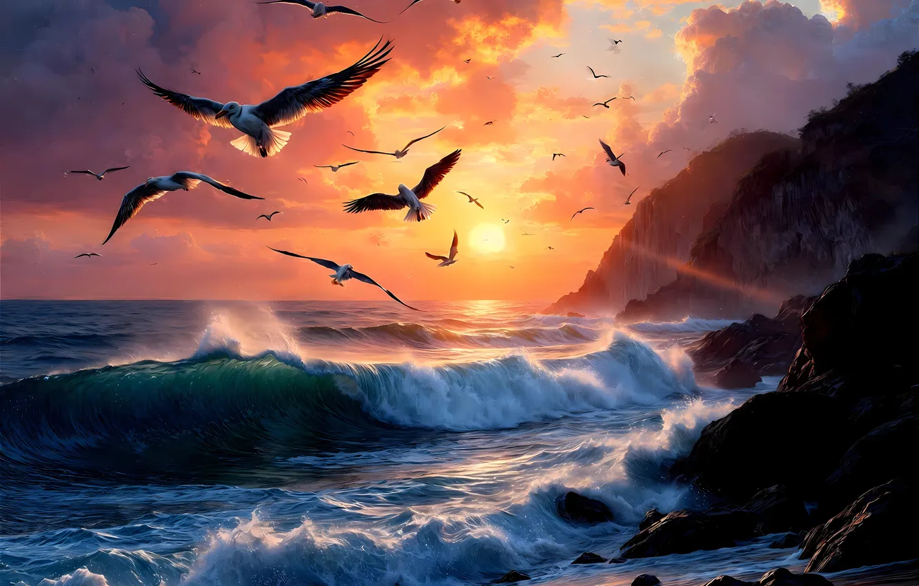 Photo wallpaper sea, wave, mountains, dawn, seagulls, digital art, AI art, The Art of Artificial Intelligence