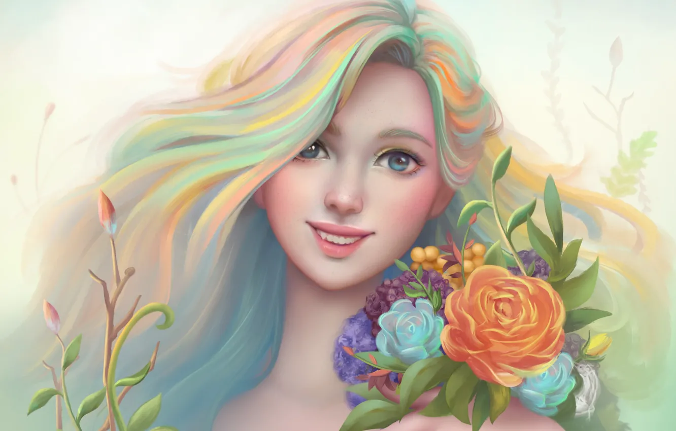 Photo wallpaper girl, flowers, smile, figure, portrait
