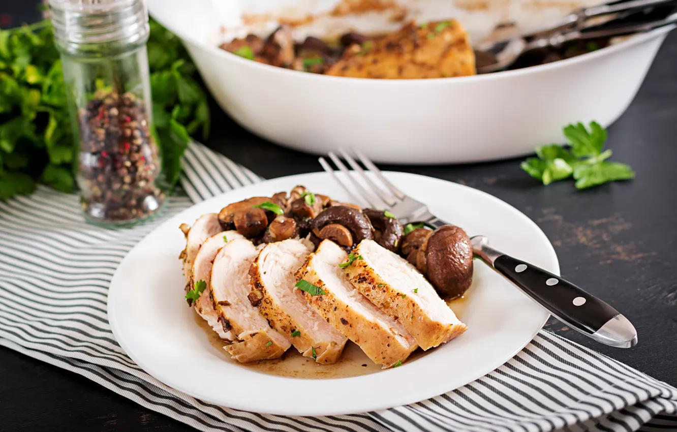 Photo wallpaper mushrooms, food, plate, meat, spices
