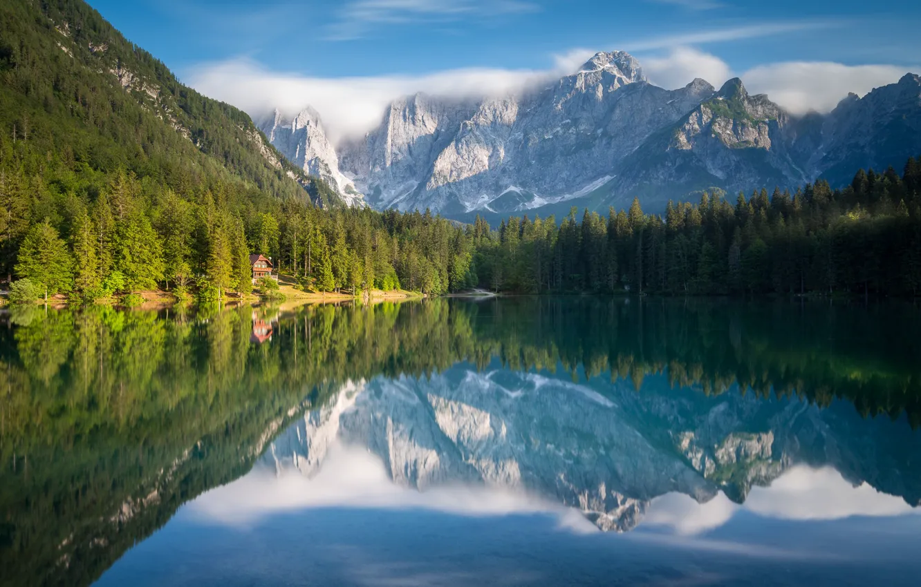 Photo wallpaper forest, mountains, lake, reflection, Italy, Italy, The Julian Alps, lake Fusine