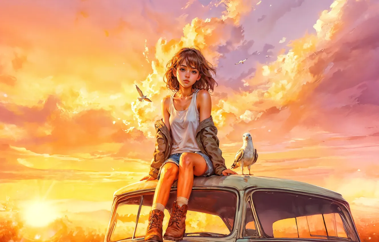 Photo wallpaper car, girl, vintage, roof