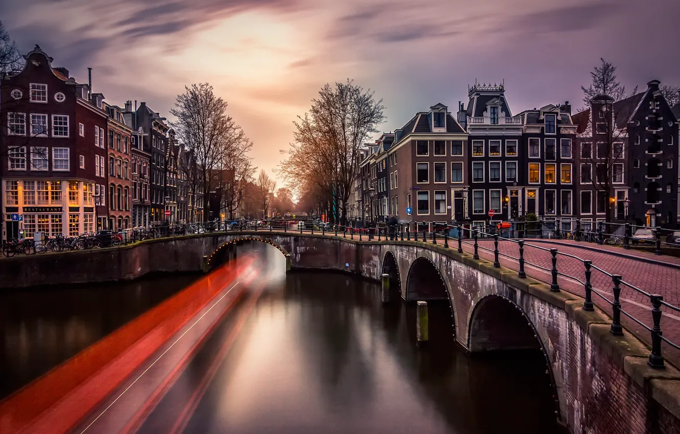 Photo wallpaper light, bridge, the city, lights, the evening, excerpt, Amsterdam, channel