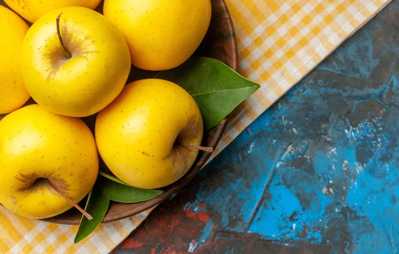 Photo wallpaper leaves, yellow, apples, towel, bowl, fruit, blue background