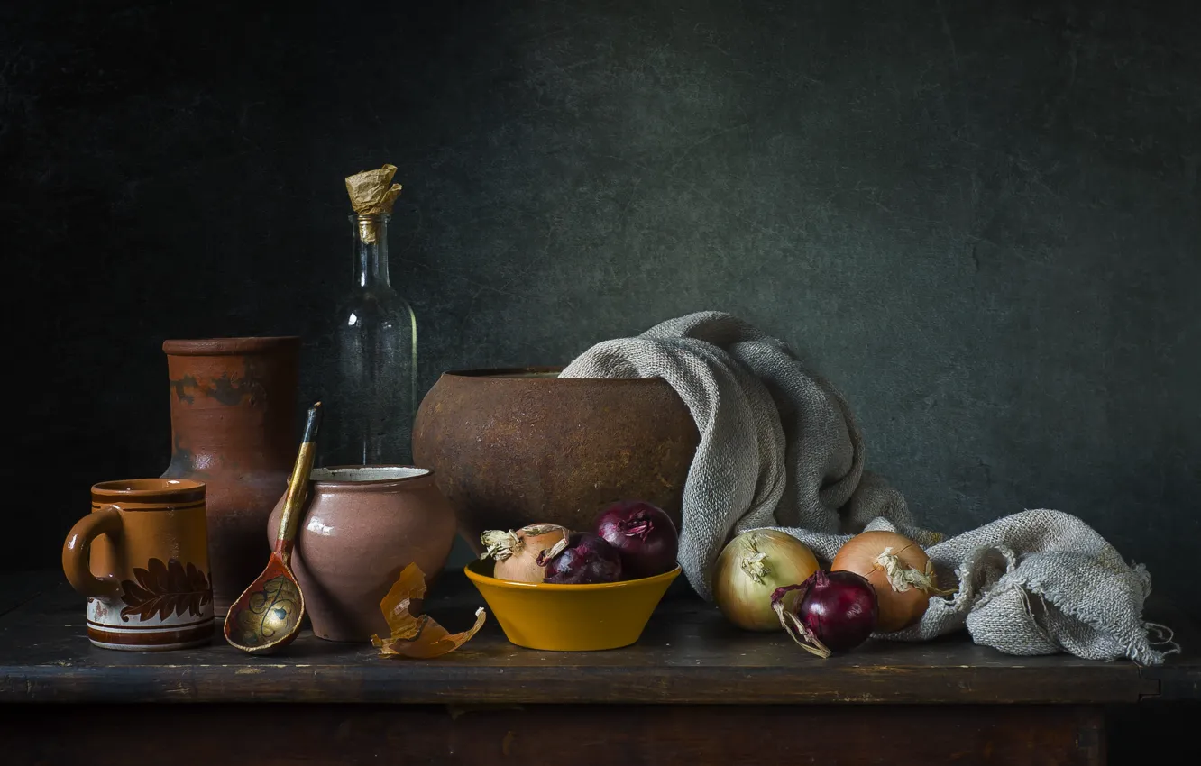 Photo wallpaper retro, table, wall, bottle, towel, bow, spoon, mug