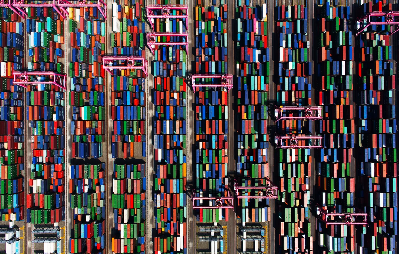 Photo wallpaper crane, port, container, the view from the top, Terminal, Container terminal