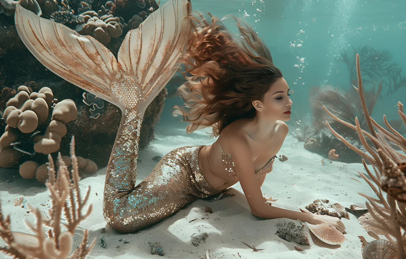 Photo wallpaper sand, girl, hair, mermaid, corals, blonde, tail, underwater world