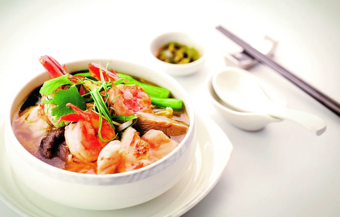 Photo wallpaper mushrooms, greens, shrimp, tomato sauce, seafood soup, scallops