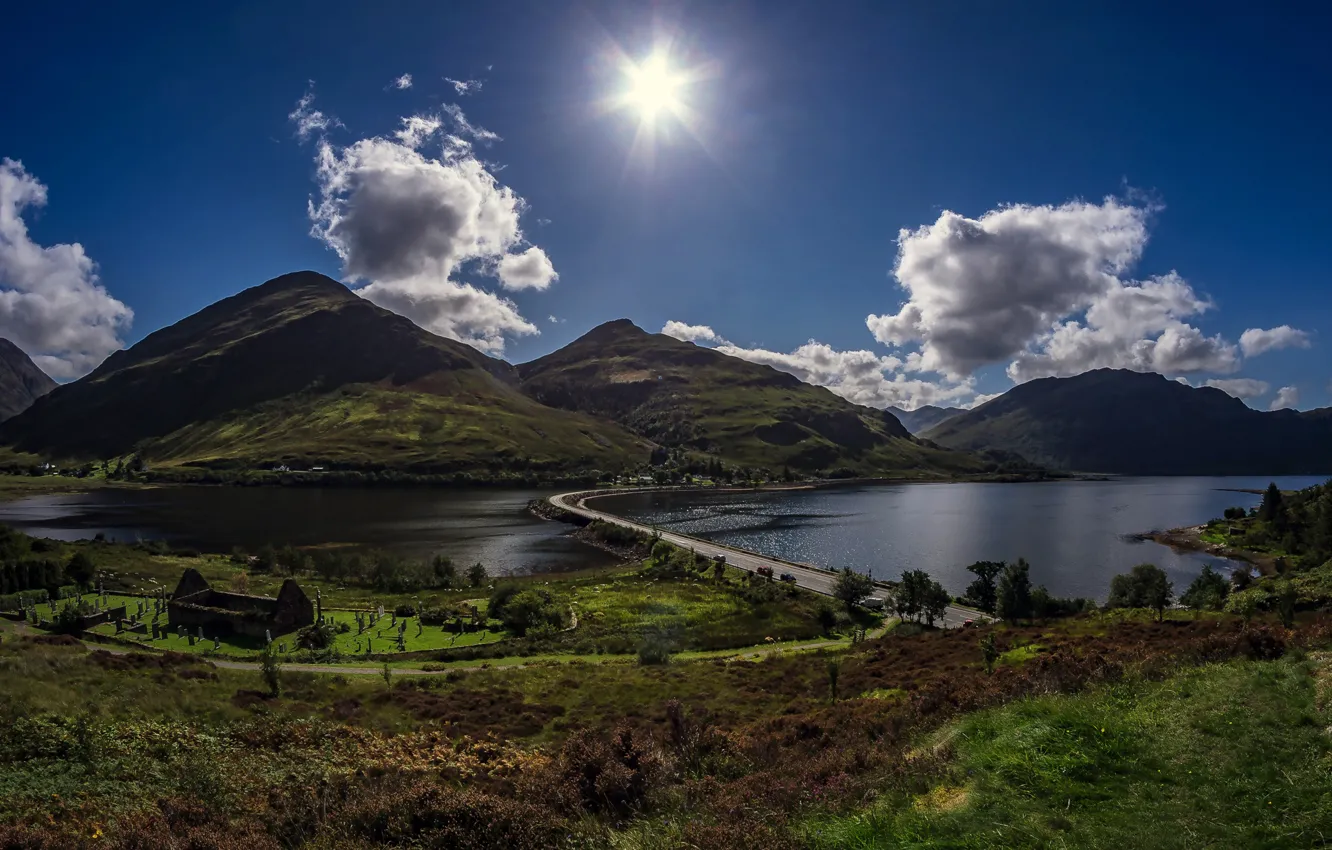 Photo wallpaper road, the sky, the sun, clouds, mountains, lake, Scotland, Carn Gorm