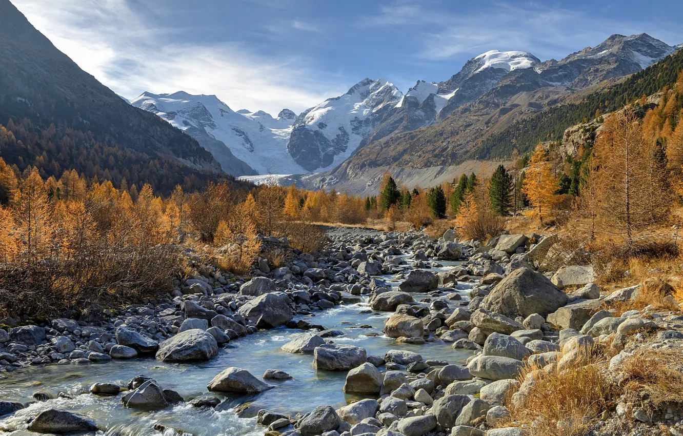 Photo wallpaper mountains, stones, river, Switzerland